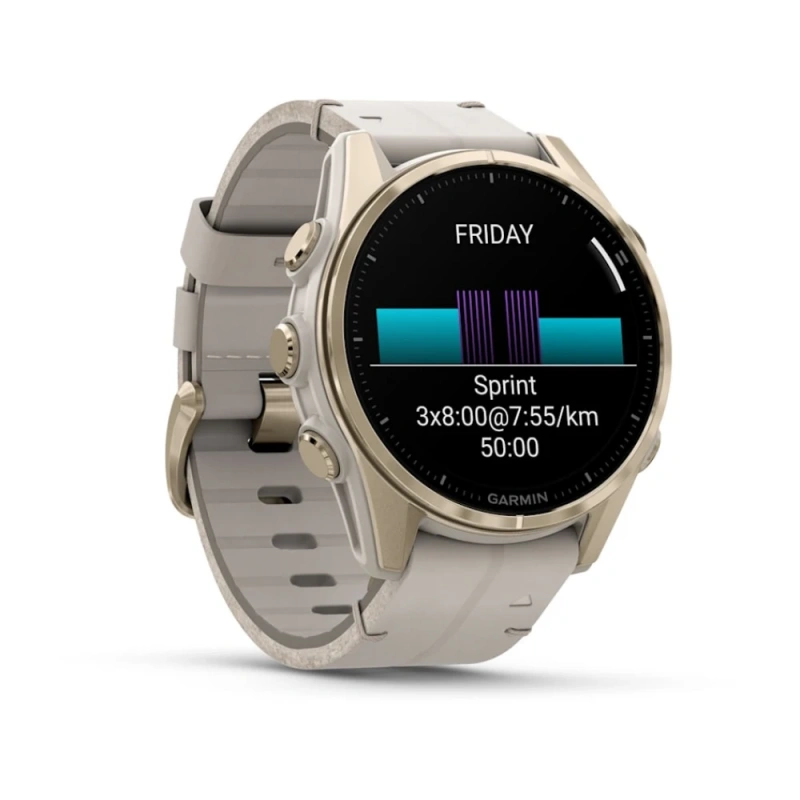 Garmin Fenix 8 - 43 мм AMOLED | Sapphire | Soft Gold with Limestone Leather Band