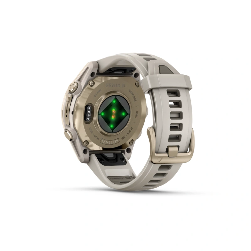 Garmin Fenix 8 - 43 мм AMOLED | Sapphire | Soft Gold with Fog grey/dark sandstone silicone band